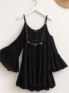 Boho black crochet dress Bali Leigh’s weight bell sleeve arms